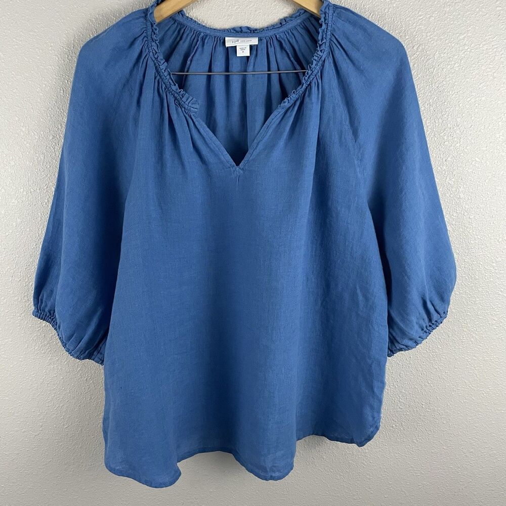 J Jill Love Linen Womens M Blue 100% Linen 3/4 Sleeve Peasant Blouse Boho V Neck